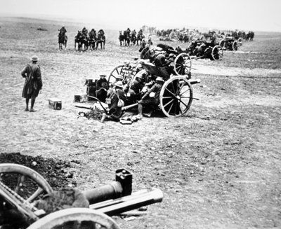 British 18-pounder field guns in action on the Western Front by English Photographer