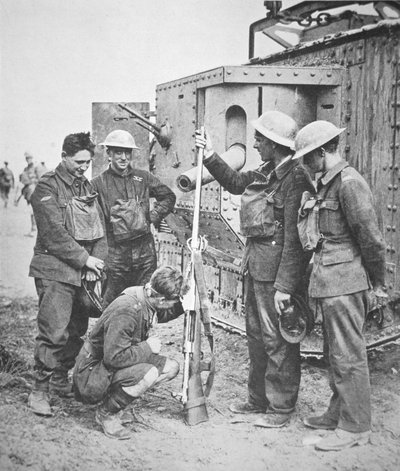 British Tank Crew Inspect a German Anti-Tank Rifle, which Fired a Cartridge Five Inches Long by English Photographer