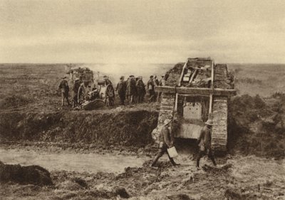 British tank squadron passing artillery positions at Graincourt on their way to attack Bourlon Wood, Battle of Cambrai, France, World War I, November 1917 by English Photographer