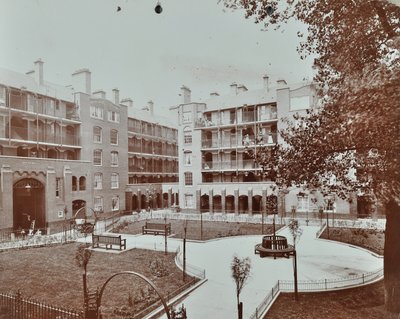 Caledonian Road Buildings: View of Courtyard, Gardens and Flats, London by English Photographer