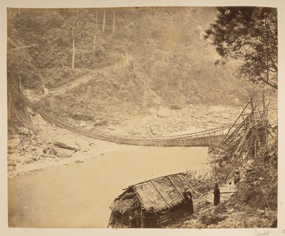 Cane suspension bridge over the Teesta, heading into Bhootan. Views of Darjeeling. 1870