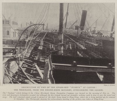 Destruction by Fire of the Steam-Ship Fushun at Canton, the Wreckage, from the Engine-Room Skylight, overlooking the Saloon by English Photographer