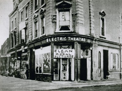 Early Flea-Pit cinema, the Nelson Electric Theatre in the Old Kent Road, showing clean moral pictures by English Photographer