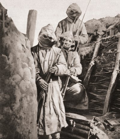 French Infantrymen During WWI Wearing Respirators to Protect Them Against German Poison Gas, from The Illustrated War News, 1915 by English Photographer