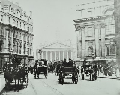 From Queen Victoria Street to Mansion House Street with Royal Exchange, City of London, 1895 by English Photographer
