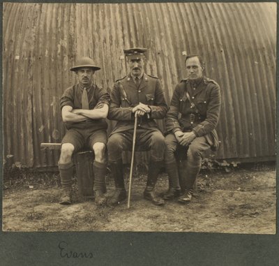 Group of three soldiers outside a Nissan hut, c.1914-18 by English Photographer