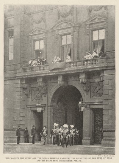 Her Majesty the Queen and the Royal Visitors watching the Departure of the Duke of York and his Bride from Buckingham Palace by English Photographer