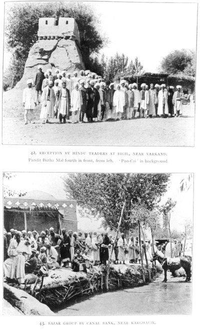 Hindu traders at Bigil, near Yarkand and a group at a bazaar near Kharghalik, from Ruins of Desert Cathay by Sir Aurel Stein by English Photographer