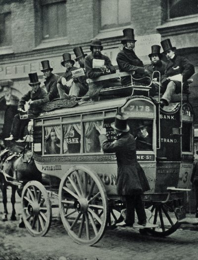 Horse-drawn omnibus of London Bridge Railway with passengers by English Photographer