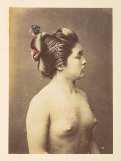 [Japanese] Girls bathing, Half-length right profile portrait of a naked young woman by English Photographer