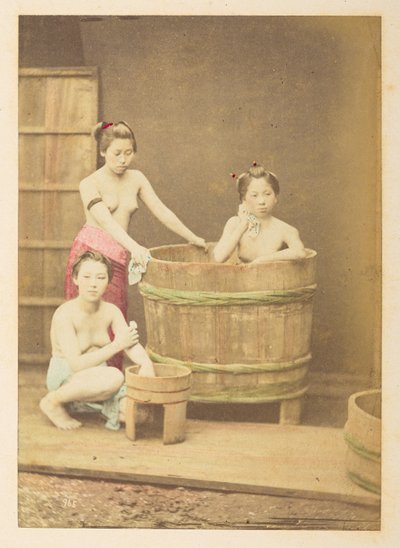 [Japanese] Girls bathing, Studio tableau of three half-naked young Japanese women, posed in and around a circular wooden bath tub by English Photographer