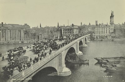 London Bridge: Horse-Drawn Omnibuses and Cart, as well as Pedestrians, Cross the Bridge, 1895 by English Photographer