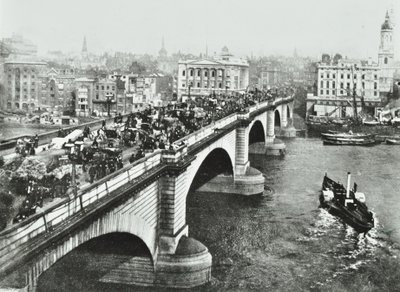 London Bridge: Horse-Drawn Traffic on the Bridge, 1895 by English Photographer