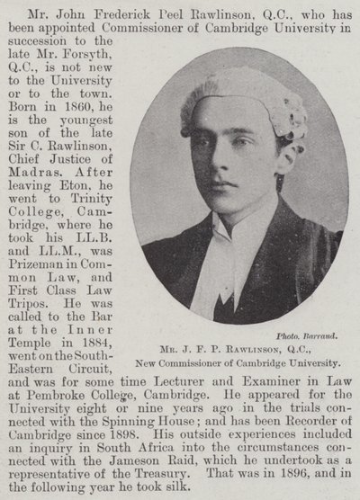 Mr J F P Rawlinson, QC, New Commissioner of Cambridge University by English Photographer