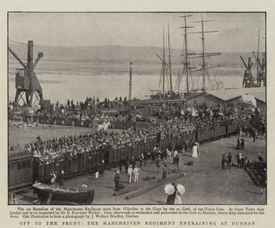 Off to the Front, the Manchester Regiment entraining at Durban by English Photographer