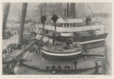 Placing a 67-Ton Gun (13.5) in the Fore Turret of HMS Trafalgar, Port Guard-Ship at Portsmouth by English Photographer