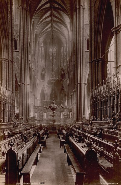 Postcard with an image of the interior of the Choir of Westminster Abbey by English Photographer