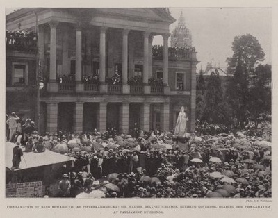 Proclamation of King Edward VII at Pietermaritzburg, Sir Walter Hely-Hutchinson, Retiring Governor, reading the Proclamation at Parliament Buildings by English Photographer