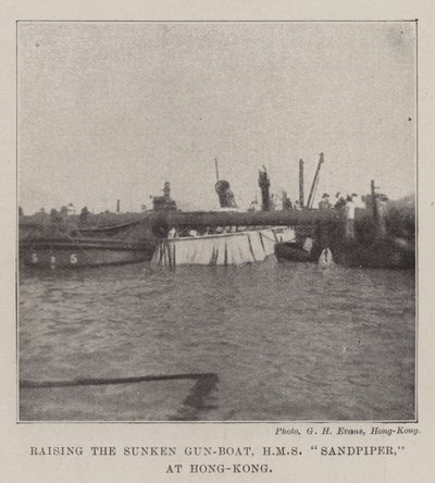 Raising the Sunken Gun-Boat, HMS Sandpiper, at Hong-Kong by English Photographer