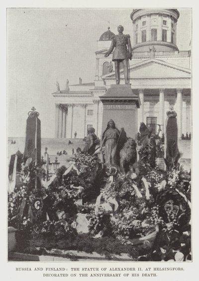 Russia and Finland, the Statue of Alexander II at Helsingfors, decorated on the Anniversary of his Death by English Photographer