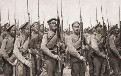 Russian Infantry on Parade and Presenting Arms During World War One, from The Illustrated War News, 1915 by English Photographer
