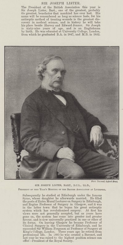 Sir Joseph Lister, Baronet, DCL, LLD, President of this Years Meeting of the British Association at Liverpool by English Photographer