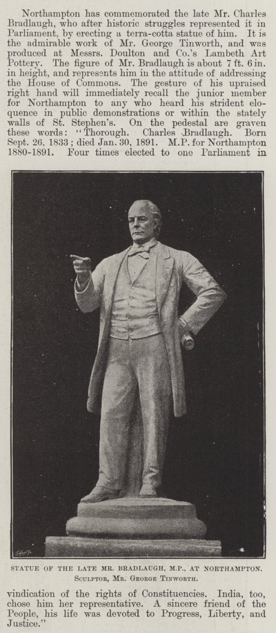 Statue of the late Mr Bradlaugh, MP, at Northampton, Sculptor, Mr George Tinworth by English Photographer
