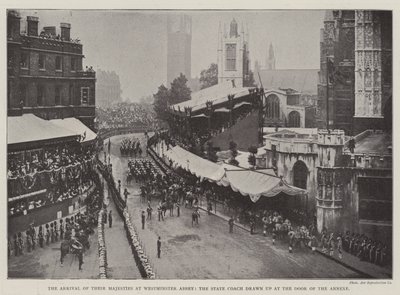 The Arrival of Their Majesties at Westminster Abbey, the State Coach drawn up at the Door of the Annexe by English Photographer