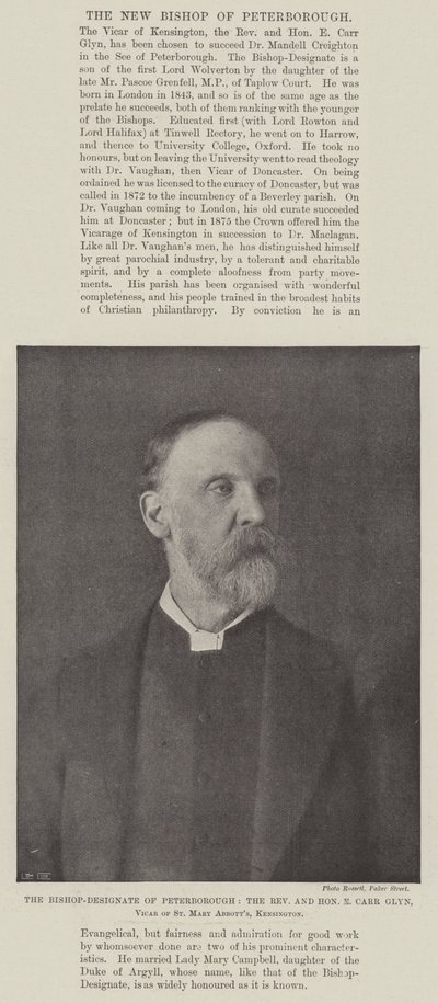 The Bishop-Designate of Peterborough, the Reverend and Honourable E Carr Glyn, Vicar of St Mary Abbotts, Kensington by English Photographer