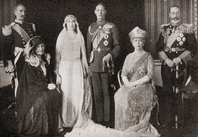 The British Royal Family at the wedding of The Duke and Duchess of York, 1923, from The Story of Twenty Five Years, published 1935 by English Photographer