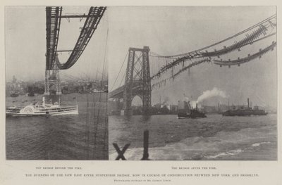 The Burning of the New East River Suspension Bridge, now in Course of Construction between New York and Brooklyn by English Photographer