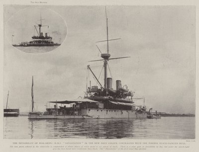 The Invisibility of War-Ships, HMS Devastation in the New Grey Colour contrasted with the Former Black-Painted Hull by English Photographer