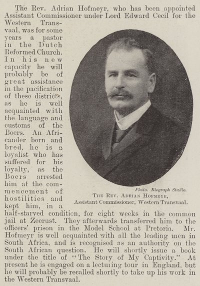 The Reverend Adrian Hofmeyr, Assistant Commissioner, Western Transvaal by English Photographer