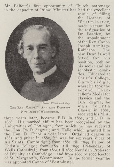 The Reverend Canon J Armitage Robinson, New Dean of Westminster by English Photographer