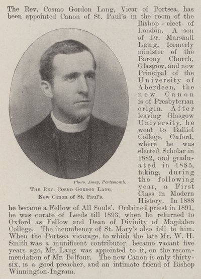 The Reverend Cosmo Gordon Lang, New Canon of St Pauls by English Photographer