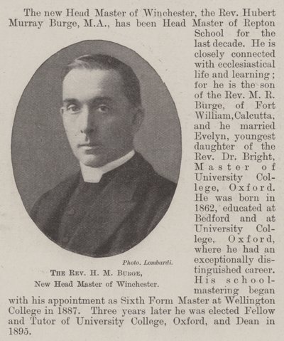 The Reverend H M Burge, New Head Master of Winchester by English Photographer