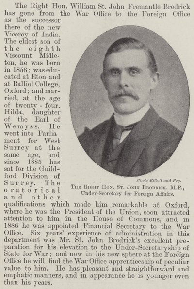 The Right Honourable St John Brodrick, MP, Under-Secretary for Foreign Affairs by English Photographer