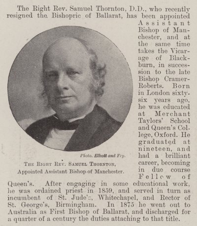 The Right Reverend Samuel Thornton, Appointed Assistant Bishop of Manchester by English Photographer