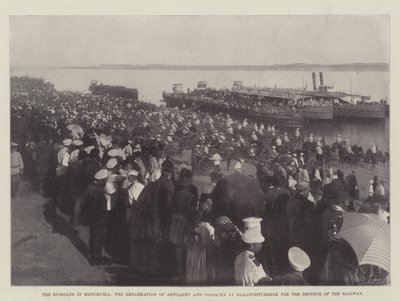 The Russians in Manchuria, the embarkation of artillery and Cossacks at Blagovestchensk for the defence of the railway by English Photographer