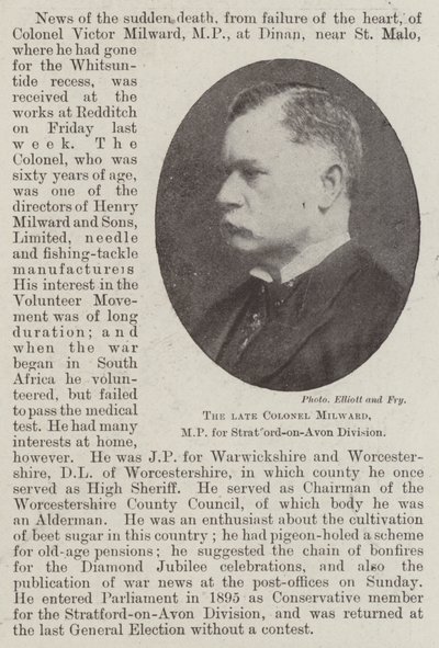 The late Colonel Milward, MP for Stratford-on-Avon Division by English Photographer