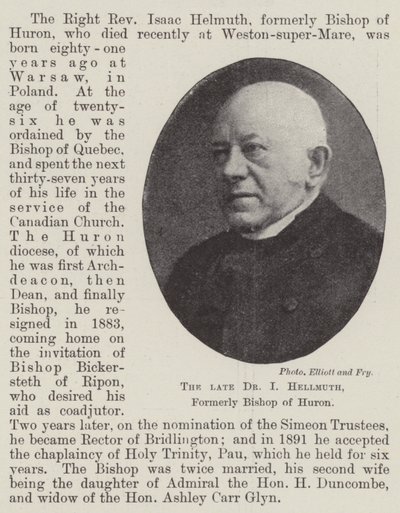 The late Dr I Hellmuth, formerly Bishop of Huron by English Photographer