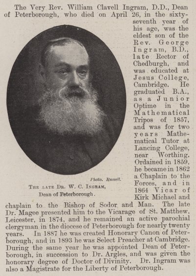 The late Dr W C Ingram, Dean of Peterborough by English Photographer