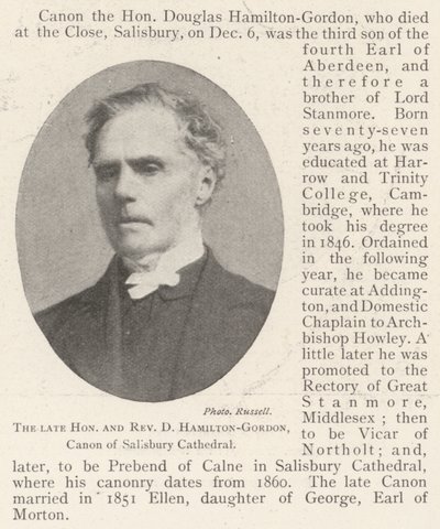 The Late Honourable and Reverend D Hamilton-Gordon, Canon of Salisbury Cathedral by English Photographer