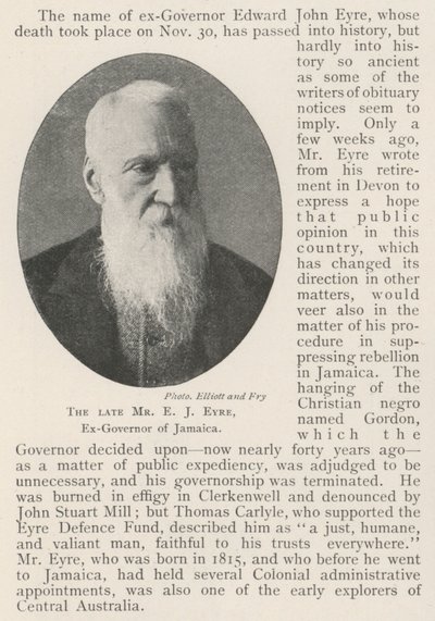 The late Mr E J Eyre, Ex-Governor of Jamaica by English Photographer