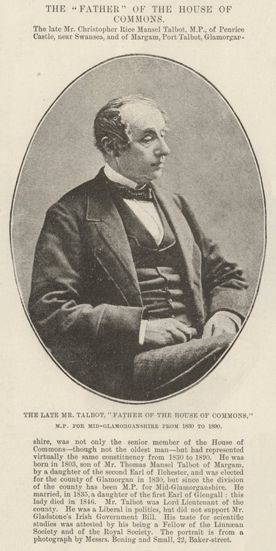 The late Mr Talbot, Father of the House of Commons, MP for Mid-Glamorganshire from 1830 to 1890 by English Photographer