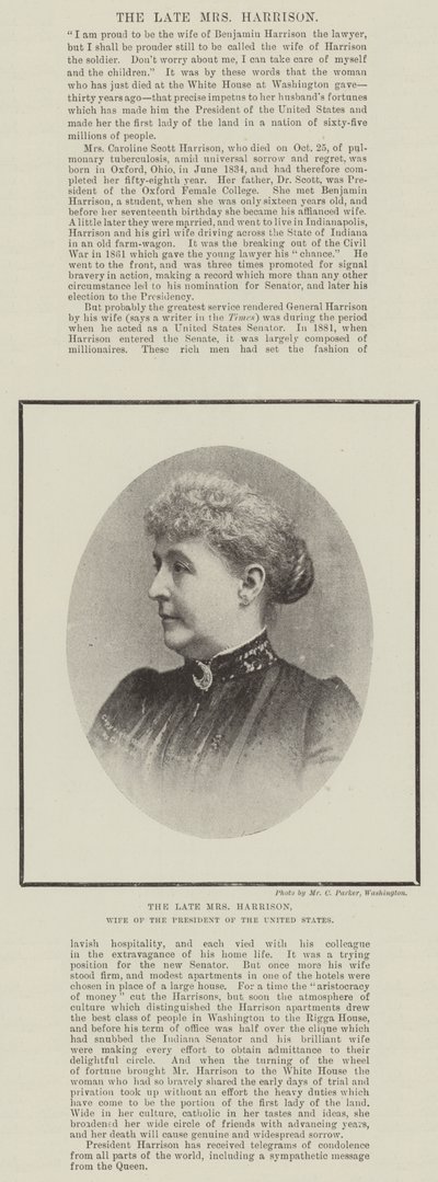 The late Mrs Harrison, Wife of the President of the United States by English Photographer
