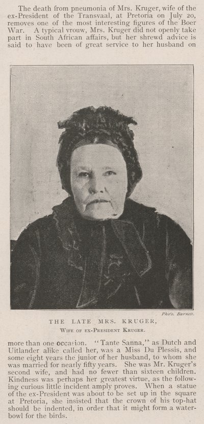The late Mrs Kruger, Wife of Ex-President Kruger by English Photographer