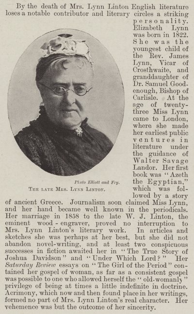 The late Mrs Lynn Linton by English Photographer