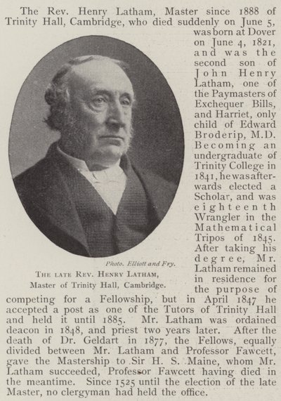 The late Reverend Henry Latham, Master of Trinity Hall, Cambridge by English Photographer