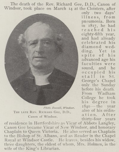 The late Reverend Richard Gee, DD, Canon of Windsor by English Photographer